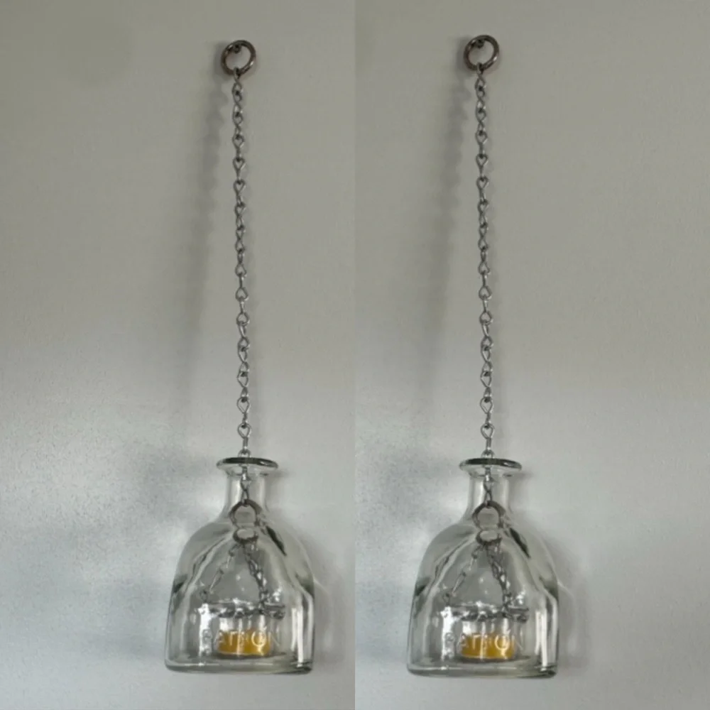 Set of 2 Hanging Patron Bottle Glass Pendant Tea Light Holder Lanterns